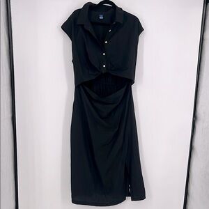 Old Navy Waist Defined Twist Front Midi Shirt Dress Short Sleeve Linen XL Black